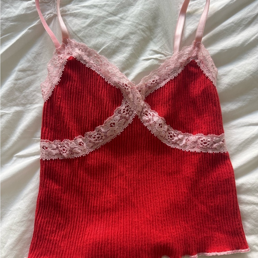 NWOT Urban Outfitters Red Ribbed Cami with Pink Lace Trim